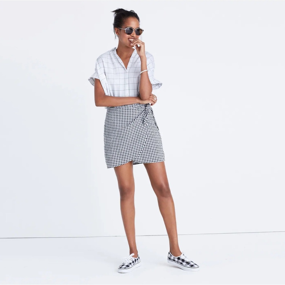 Madewell Women’s Gingham Linen Blend Sarong Wrap Mini Skirt, Black White Size 6